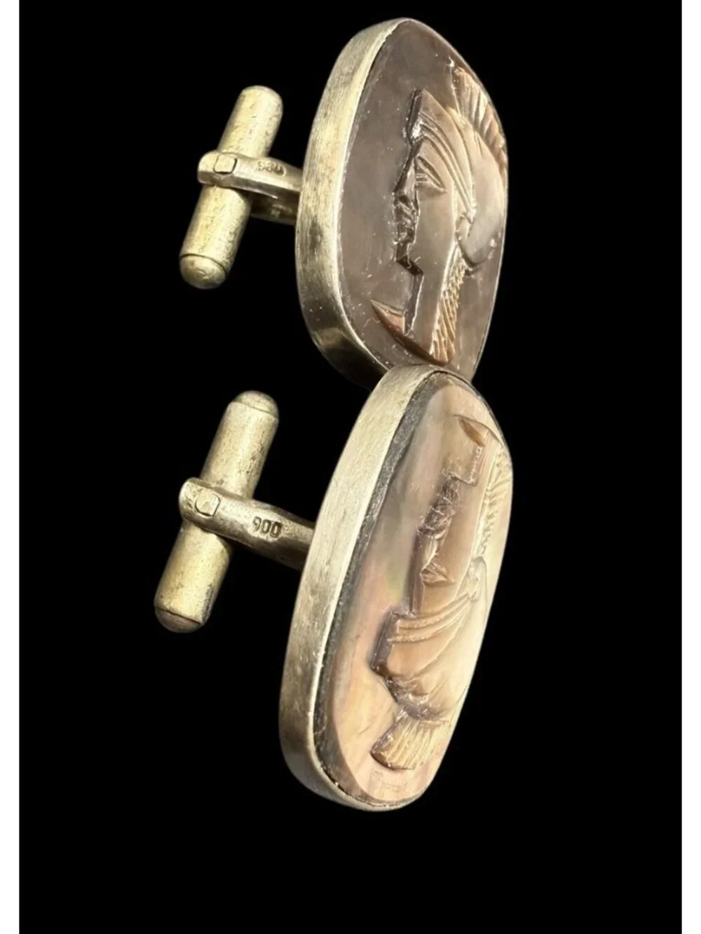 Vintage 900 Silver Hand Carved Abalone MOP Roman Soldier Cufflinks Oval